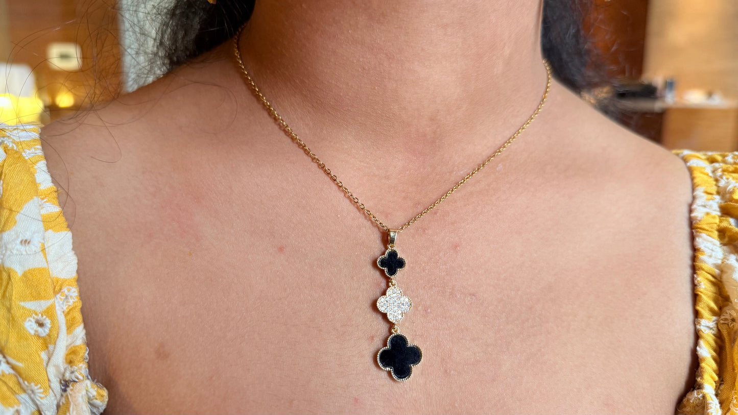 Gold Chain Necklace with Black and Crystal Clover Pendants