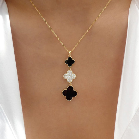 Gold Chain Necklace with Black and Crystal Clover Pendants