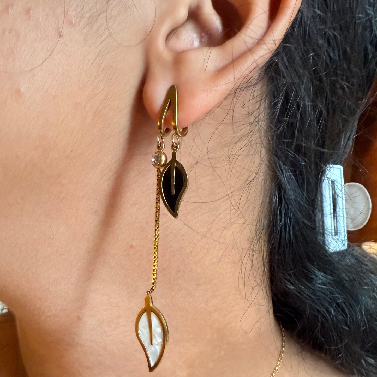 Gold Leaf Earrings with Black and Pearl Accents