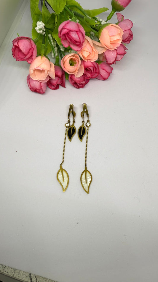 Gold Leaf Earrings with Black and Pearl Accents